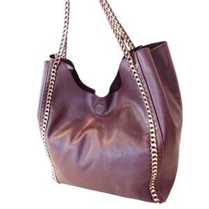 Plum Vegan Leather Tote Bag Gold Chain Magnetic Closure